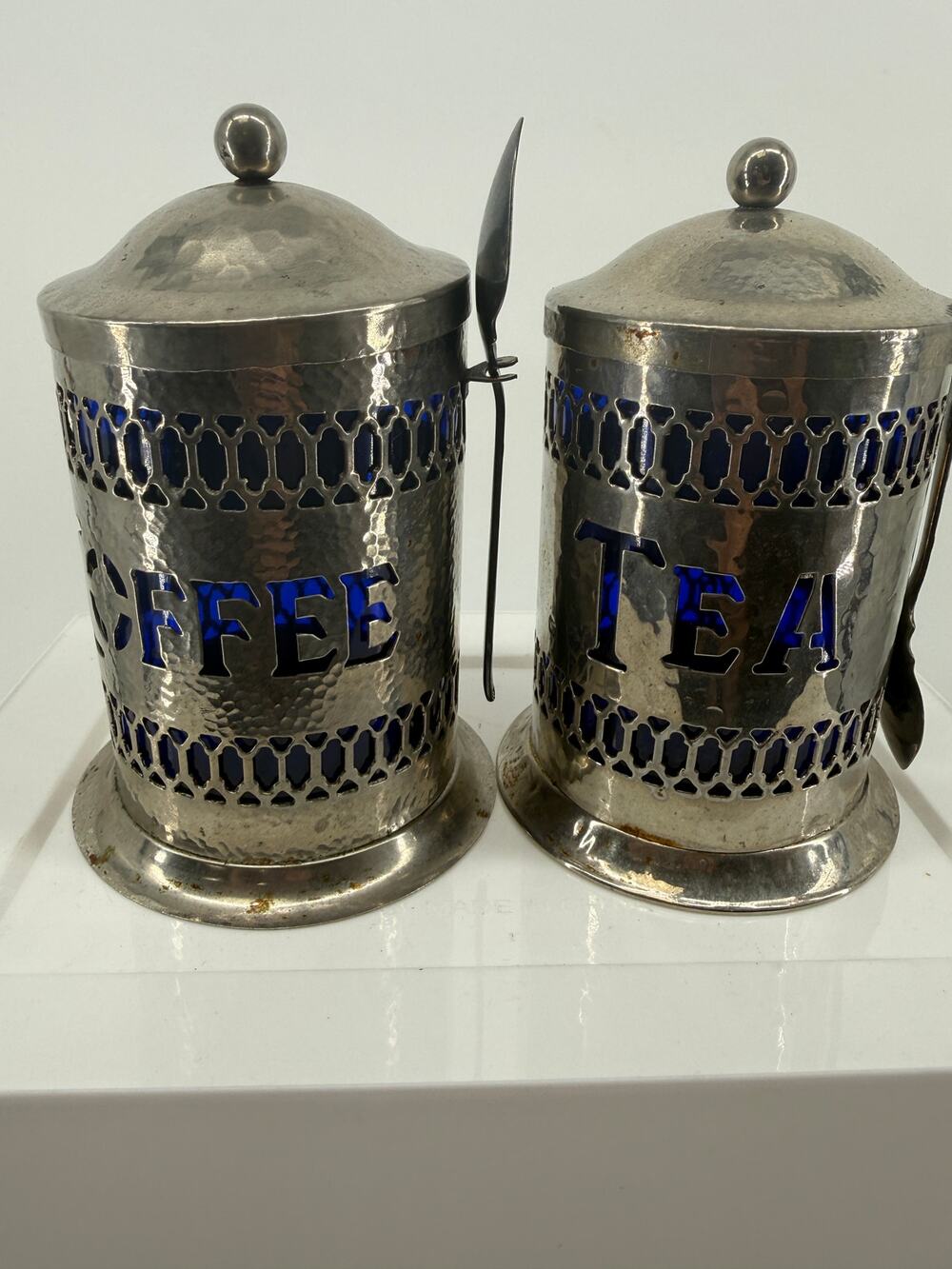 Vintage Hammered Metal Tea Coffee Canister Set Blue Glass Insets Lids Spoons
